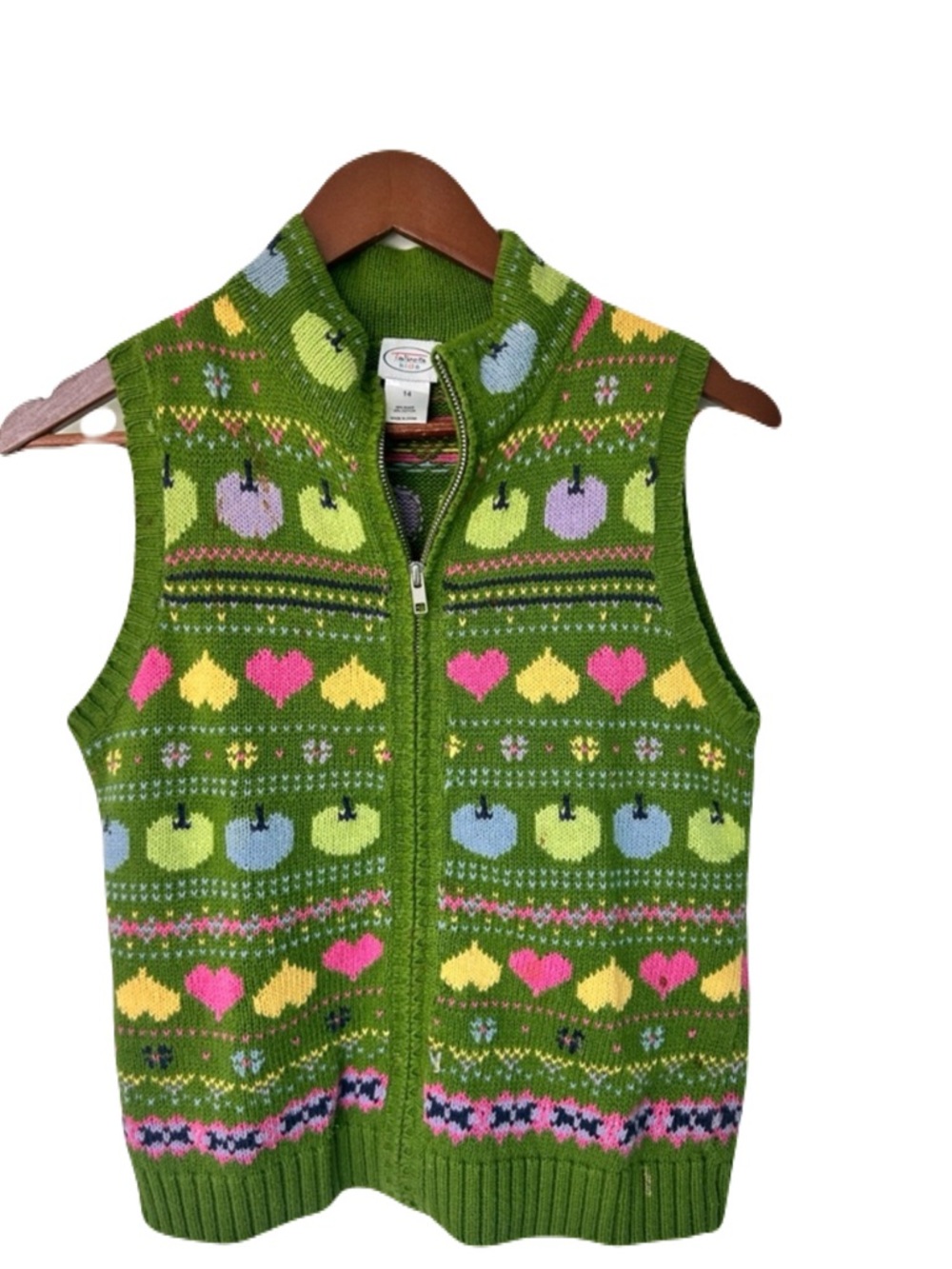 Talbots Kids Green Knit Zip Vest with Colorful Apple & Heart Motif